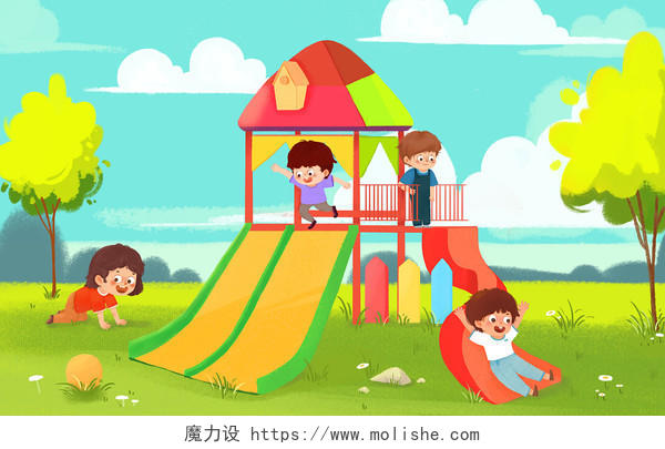 开心玩耍的小朋友夏天卡通人物儿童乐园 PNG素材儿童乐园插画